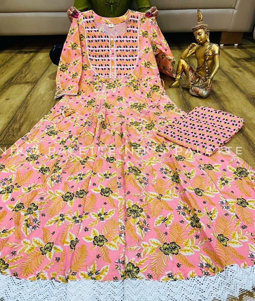 cotton floral print anarkali kurti ace paired with pant & cotton